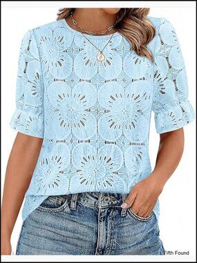 Lace Eyelet Puff Sleeve Blouse Regular Fit Summer Top